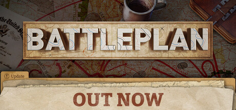 Steam header plate with the Battleplan title on a map and an Out now strip.