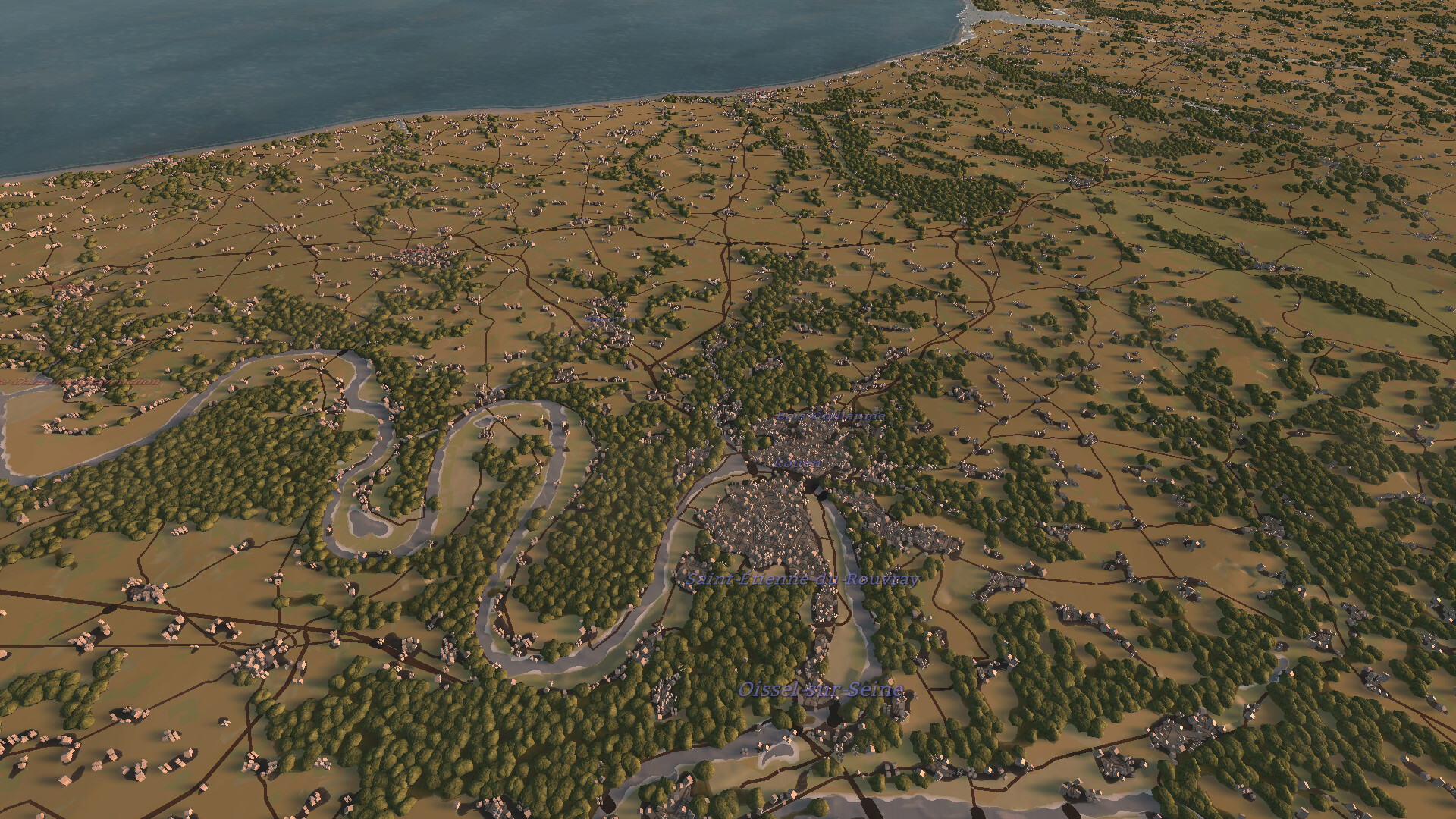 3D river valley with roads, woods, and a town grid.