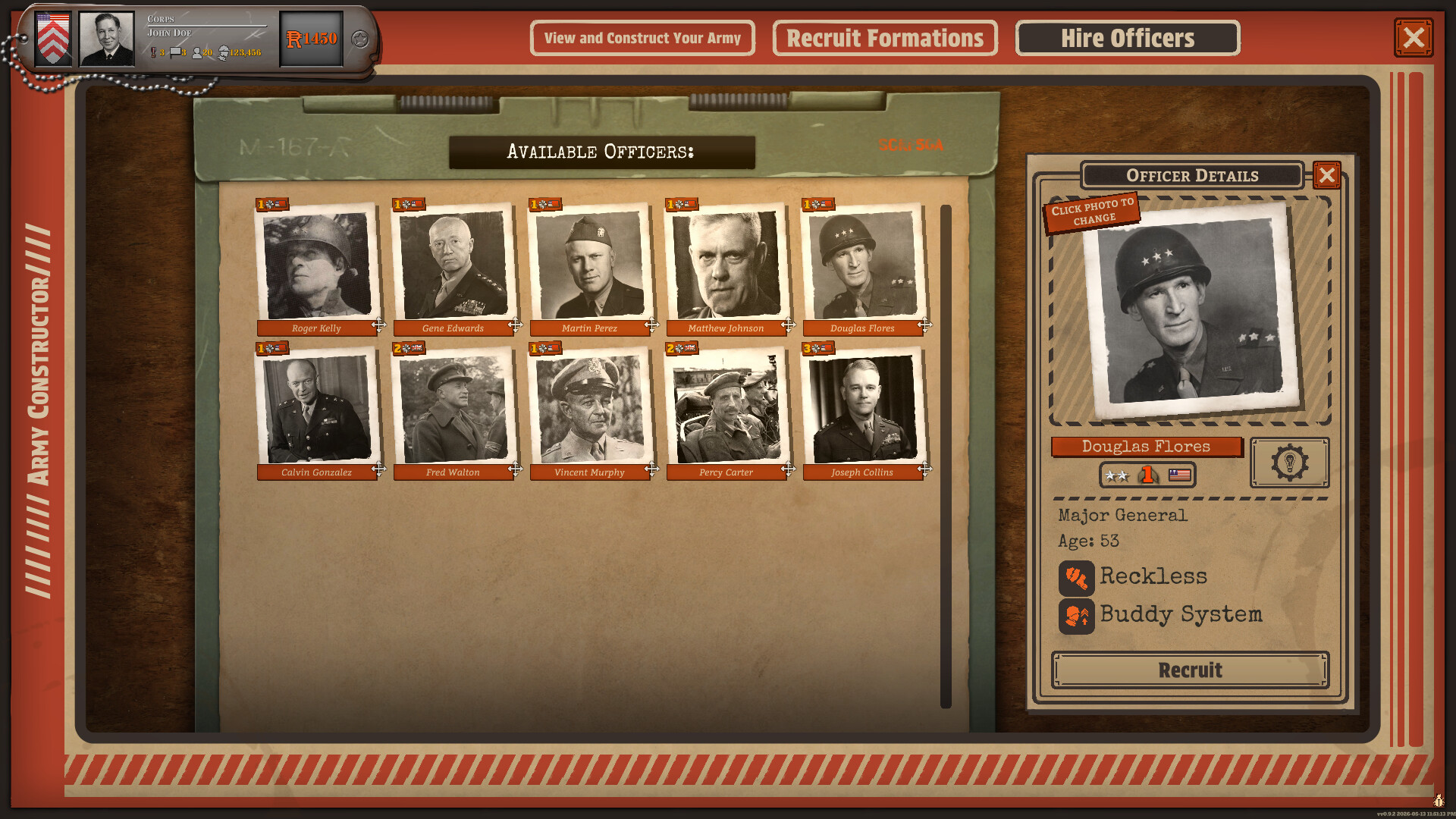 Officer hiring sheet with black-and-white portraits and a detail card.