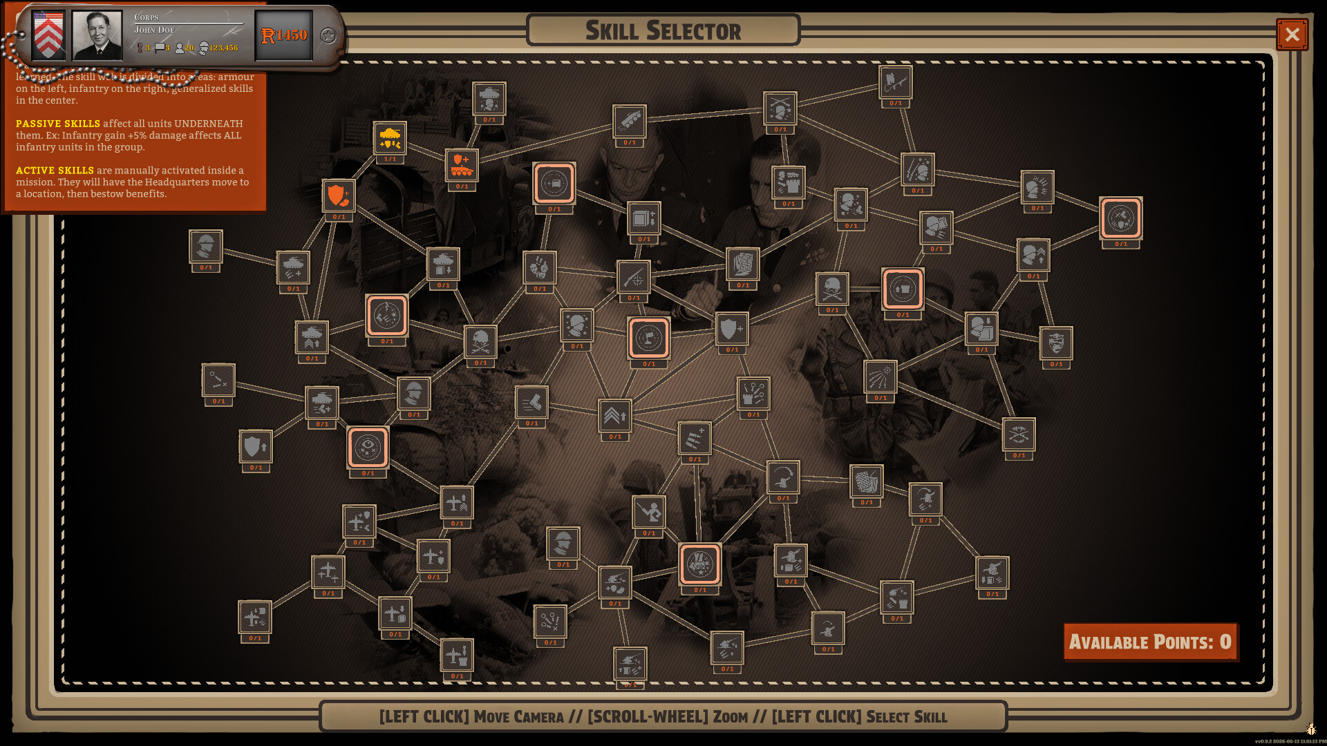 Skill selector with connected nodes on a dark board.